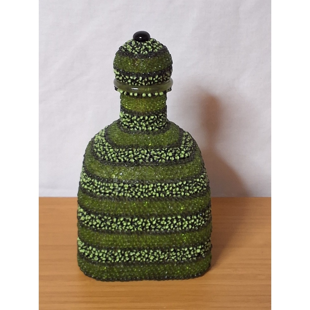 Custom Upcycled Beaded Patron Tequlila Bottle Decanter Green Boho Decor Art